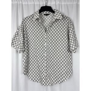 Blue Blush Gray White Checkered SS Relaxed Button Down Top Women’s M Skater